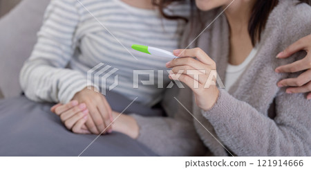 Lesbian couple celebrates ivf journey to pregnancy at home emotional moment cozy environment intimate viewpoint Lesbian couple celebrates ivf journey to pregnancy at home emotional moment cozy environment intimate viewpoint 121914666