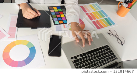 Creative design process in graphic design workspace office environment digital art creation productive viewpoint collaboration concept Creative design process in graphic design workspace office environment digital art creation productive viewpoint collaboration concept 121914667