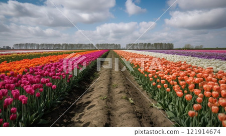 Colorful open field with beautiful tulips. Generative AI 121914674