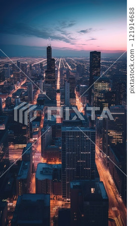 Cityscape of chicago at dusk with lights from the skyline. Generative AI Cityscape of chicago at dusk with lights from the skyline. Generative AI 121914688