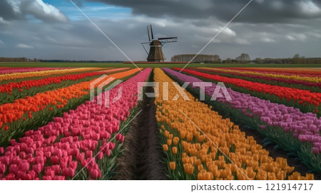 Colorful open field with beautiful tulips. Generative AI Colorful open field with beautiful tulips. Generative AI 121914717
