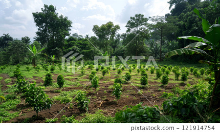 Rows of young coffee trees flourish in a dense, green plantation surrounded by vibrant tropical plants on a sunny day Rows of young coffee trees flourish in a dense, green plantation surrounded by vibrant tropical plants on a sunny day 121914754