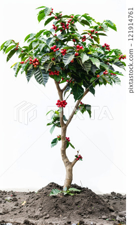 A healthy coffee tree displays bright red cherries, showcasing its vitality and growth on a clean white backdrop A healthy coffee tree displays bright red cherries, showcasing its vitality and growth on a clean white backdrop 121914761