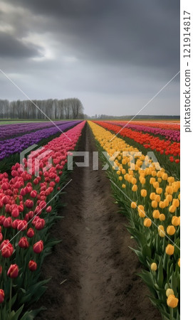 Colorful open field with beautiful tulips. Generative AI 121914817