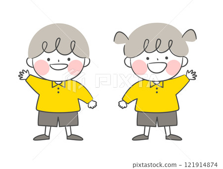 Illustration of kids characters who raise their hands to greet each other Illustration of kids characters who raise their hands to greet each other 121914874