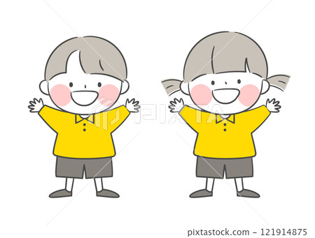 Illustration of kids characters who raise their hands to greet each other Illustration of kids characters who raise their hands to greet each other 121914875