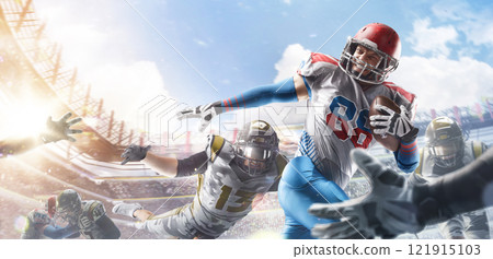 American football. The fight for the ball in action. One against all. Sports action. Sports emotions. Sports arena with fans 121915103