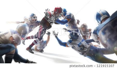 American football. One against all in action. Sports confrontation. Fighting for the ball. Crowd. Sports emotions. Isolated 121915107
