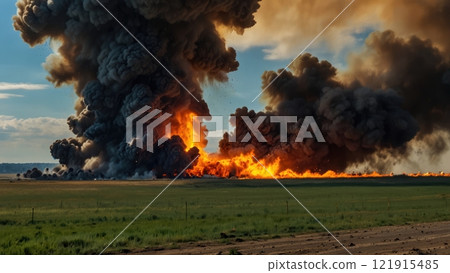 Firefighters battle a massive grass fire that is spreading quickly across the field 121915485