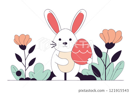 Easter Bunny holding big egg. Happy Easter holiday. Vector flat illustration 121915543