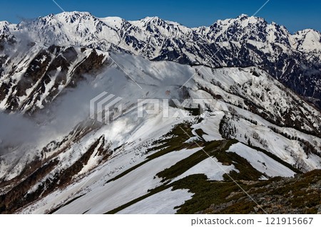 Snow-covered Mt. Tateyama and Mt. Tsurugi seen from the southern peak of Mt. Jigatake in the Northern Alps Snow-covered Mt. Tateyama and Mt. Tsurugi seen from the southern peak of Mt. Jigatake in the Northern Alps 121915667