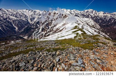 Snow-covered Tateyama, Tsurugi mountain range and Harinokidake seen from the southern peak of Jigatake in the Northern Alps Snow-covered Tateyama, Tsurugi mountain range and Harinokidake seen from the southern peak of Jigatake in the Northern Alps 121915674