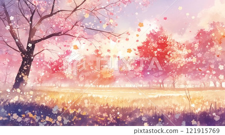 Spring Fantasy | A flower park decorated with fluttering cherry blossoms and a shining sunset 121915769
