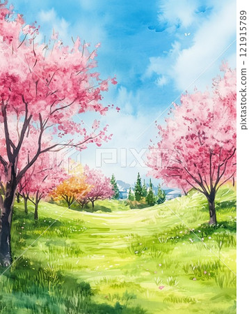 春天的景色，一排排櫻花樹和新鮮的綠色山丘，美麗的大自然和藍天 121915789