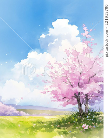 春天的景色美不勝收，櫻花樹和藍天的山丘，清新的自然風光 121915790