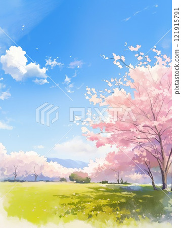 A spectacular spring view: A park with rows of cherry blossom trees and blue skies. A landscape colored by fresh greenery. A spectacular spring view: A park with rows of cherry blossom trees and blue skies. A landscape colored by fresh greenery. 121915791