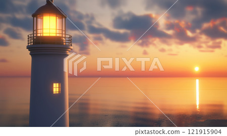 white lighthouse stands tall at sunset, its light glowing as the sky reflects golden hues  121915904