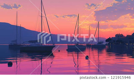 A calm harbor bathed in the sunset | A fantastical landscape of yachts and pink skies 121915946