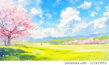 A single cherry blossom in spring | Cherry blossom petals fluttering against the blue sky and green grassland A single cherry blossom in spring | Cherry blossom petals fluttering against the blue sky and green grassland 121915952