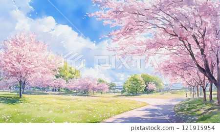 春天的櫻花樹和藍天|公園風景和櫻花盛開 121915954