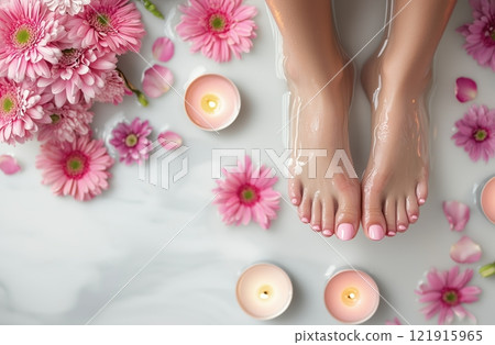 close-up of a woman's feet with a perfect pedicure, surrounded by flower petals and lit candles, close-up of a woman's feet with a perfect pedicure, surrounded by flower petals and lit candles, 121915965