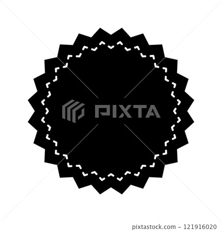 Round geometric shape with dotted stitches line and zigzag edges. Empty tag, patch, sticker, text box, price label, promo code badge with jagged borders. Vector illustration Round geometric shape with dotted stitches line and zigzag edges. Empty tag, patch, sticker, text box, price label, promo code badge with jagged borders. Vector illustration 121916020