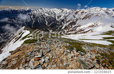 從北阿爾卑斯山岳南峰看到的立山連峰、張之木山、矢裡穗高連峰的殘雪 121916025