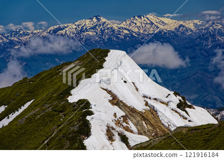 View of Nakamine and the remaining snow on Mt. Hiuchi and Mt. Yake from the southern peak of Mt. Jigatake in the Northern Alps View of Nakamine and the remaining snow on Mt. Hiuchi and Mt. Yake from the southern peak of Mt. Jigatake in the Northern Alps 121916184