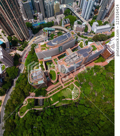 Vertical aerial view of Hong Kong university with its rooftop garden and solar panel system 121916414