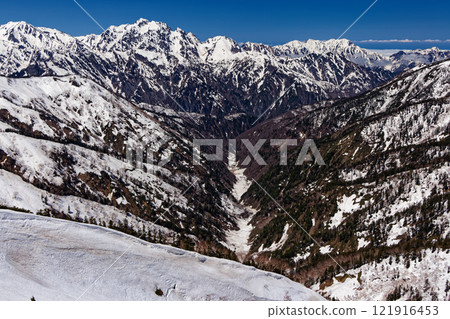 Snow-covered Mount Tsurugi and the three mountains of Kekatsu seen from the ridge of Mount Jigatake in the Northern Alps 121916453