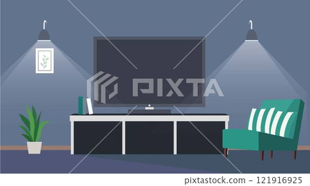 Modern Digital Television on Table in the Living Room at Home with Spotlight 121916925