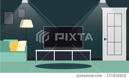 Modern Digital Television on Table in the Living Room at Home with Spotlight 121916926