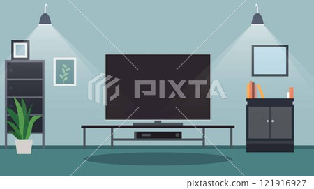 Modern Digital Television on Table in the Living Room at Home with Spotlight 121916927