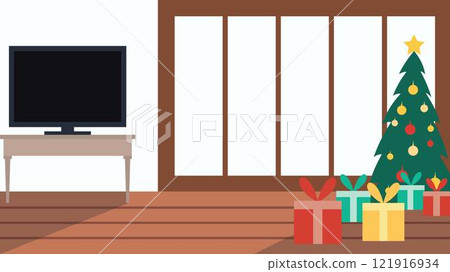 Modern Digital Television in the Living Room at Home with Christmas Pine Tree 121916934