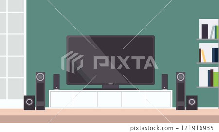 Modern Digital Television in the Living Room at Home with Speaker and Bookshelf 121916935