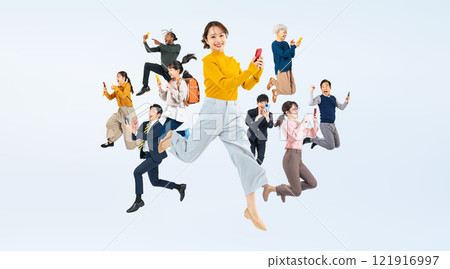 Full-body photos of people of all ages jumping while using smartphones Full-body photos of people of all ages jumping while using smartphones 121916997