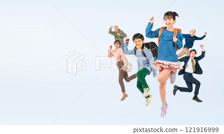 A full-body photo of a three-generation family with a child jumping enthusiastically A full-body photo of a three-generation family with a child jumping enthusiastically 121916999