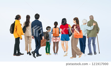 Full-body photos of people of all ages looking at something while walking Full-body photos of people of all ages looking at something while walking 121917000
