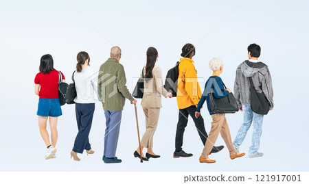 Full-body photos of people of all ages looking at something while walking Full-body photos of people of all ages looking at something while walking 121917001