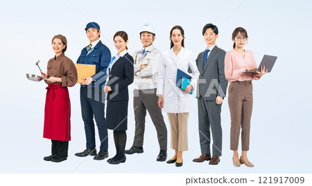 Full-body photo of a group of people with different professions standing side by side 121917009