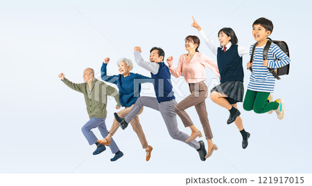Full-body photo of a three-generation family jumping energetically 121917015