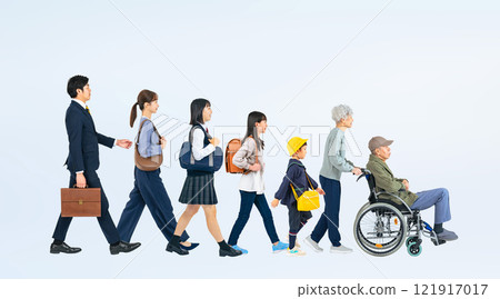 Full-body photo of a three-generation family walking Full-body photo of a three-generation family walking 121917017