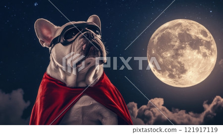 A dog is wearing a red cape and sunglasses A dog is wearing a red cape and sunglasses 121917119