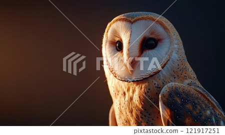 A large owl with a heart on its face is staring at the camera A large owl with a heart on its face is staring at the camera 121917251