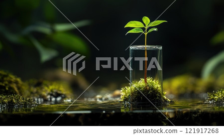 A small plant is growing in a glass container 121917268