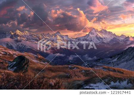 Dramatic Winter Sunset Over Snowy Mountain 121917441