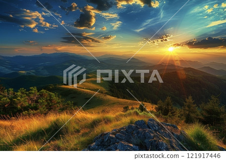 Golden Sunset Over Majestic Mountain Range 121917446