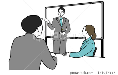 Illustration of a man giving a presentation and employees listening to it 121917447