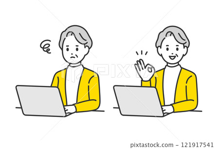 Set of senior women and elderly people who are worried about looking at a computer and making an OK sign pose [People vector illustration material] 121917541