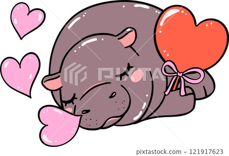Cute Valentine Pygmy Hippo Sleeping with Heart Candy Cute Valentine Pygmy Hippo Sleeping with Heart Candy 121917623